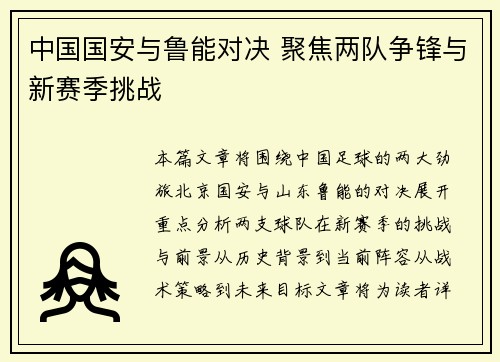 中国国安与鲁能对决 聚焦两队争锋与新赛季挑战